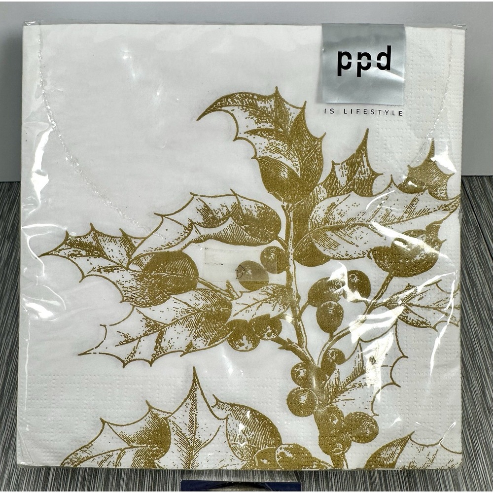 Christmas PPD‎ Napkins Holiday Gold Holly Decoupage Xmas Decor